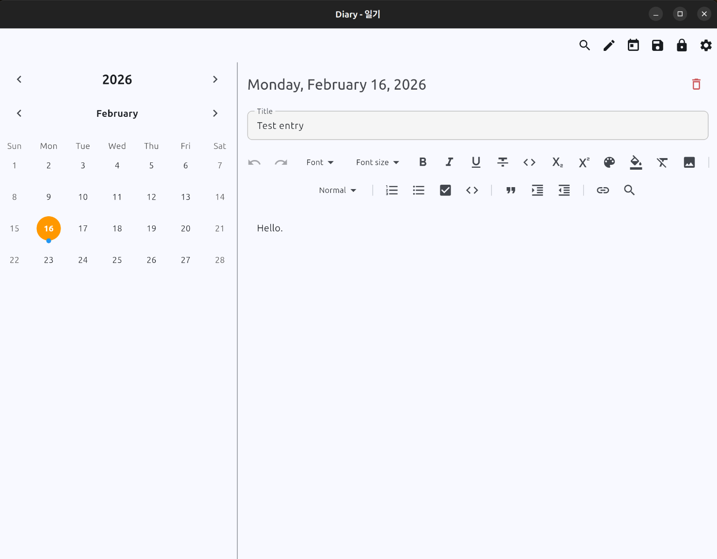 Editor with calendar and rich text toolbar