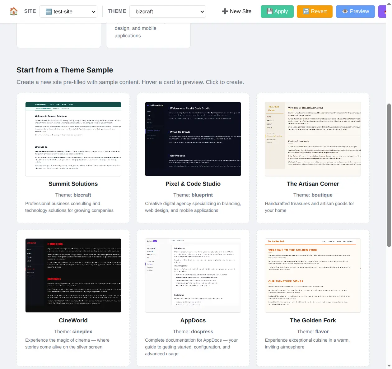 Theme samples for creating new sites